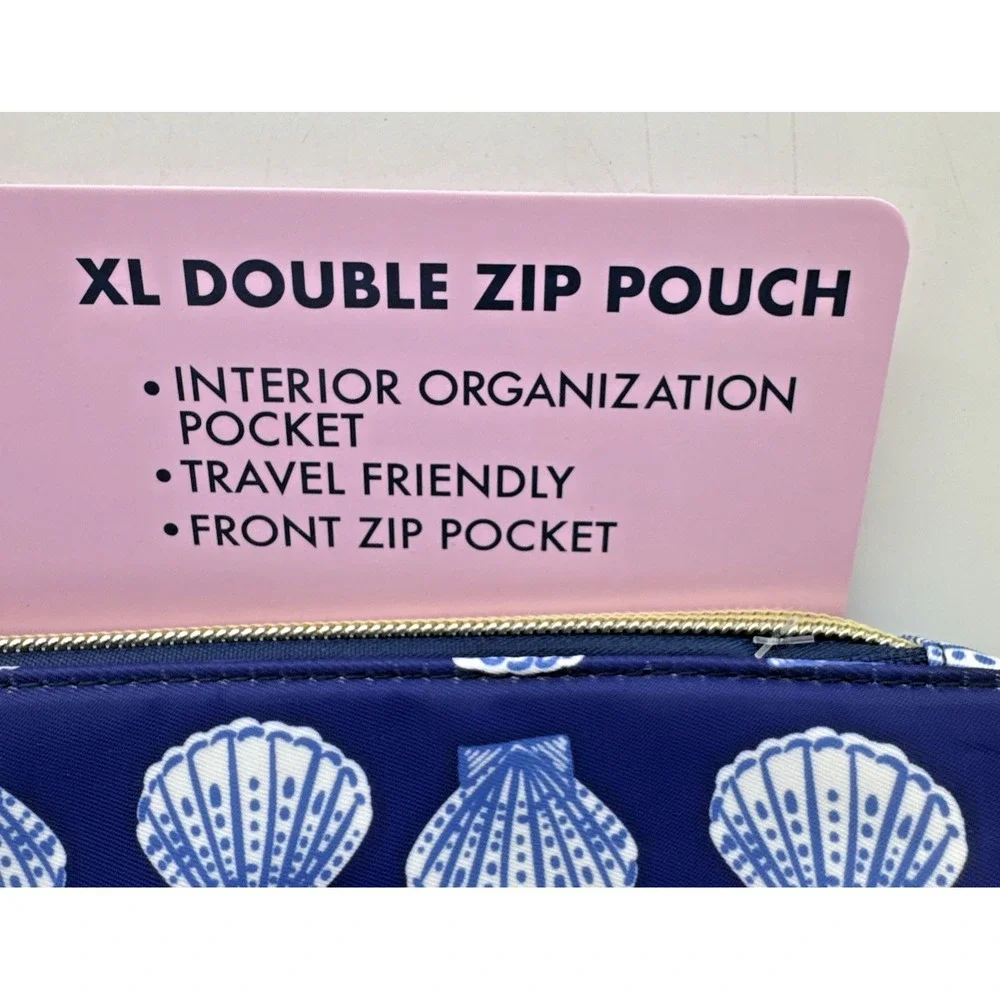 Dabney Lee XL Double Zip Pouch Navy Blue Seashell Travel Organizer Pouch NEW